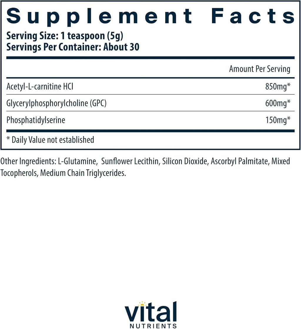 Vital Nutrients Vital Brain Powder - Brain Supplement with Phosphatidylserine, Acetyl L-Carnitine, and GPC - Gluten-Free, Dairy-Free, Soy-Free - Unflavored - 150g