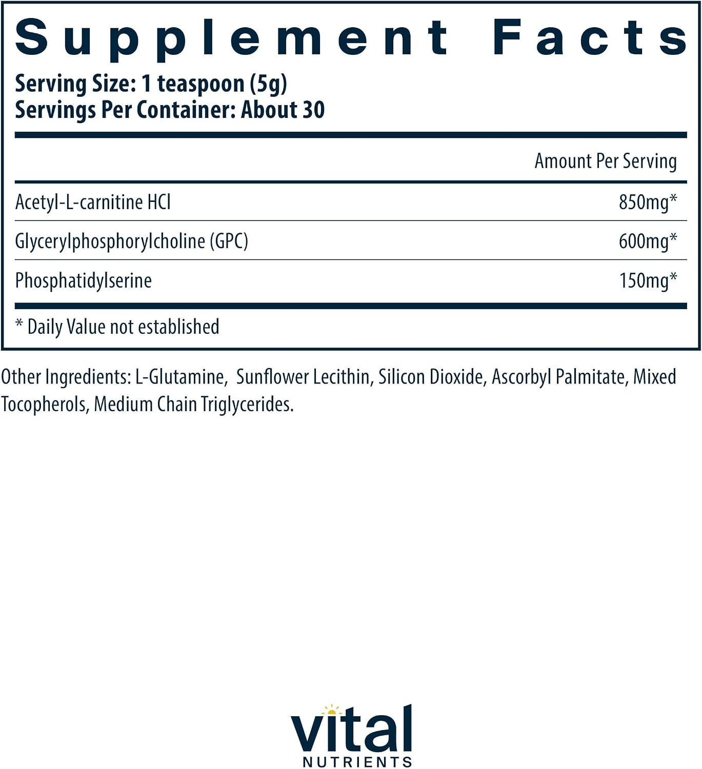 Vital Nutrients Vital Brain Powder - Brain Supplement with Phosphatidylserine, Acetyl L-Carnitine, and GPC - Gluten-Free, Dairy-Free, Soy-Free - Unflavored - 150g