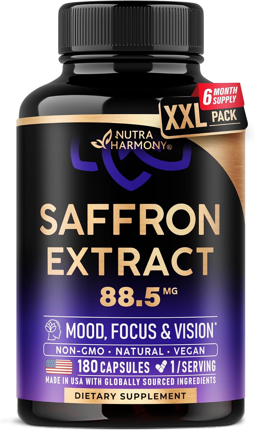 Natural Saffron Supplements - Pure Saffron Extract 88.5 mg - Mood | Focus | Vision | Energy Support - Eye Health for Women & Men - Lab Tested - NonGMO Vegan Pills - 180 Powder Capsules, 6 Month Supply