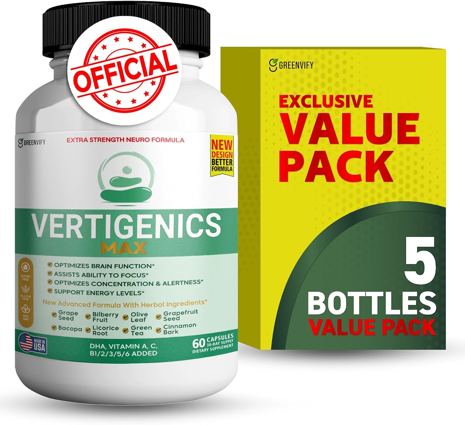 Vertigenics Max – Suplemento para el Cerebro y Enfoque – Fórmula Neuro Extra Fuerte con Vitaminas, Minerales y Mezcla de Hierbas – Apoya Claridad, Alerta y Energía – 60 Cápsulas