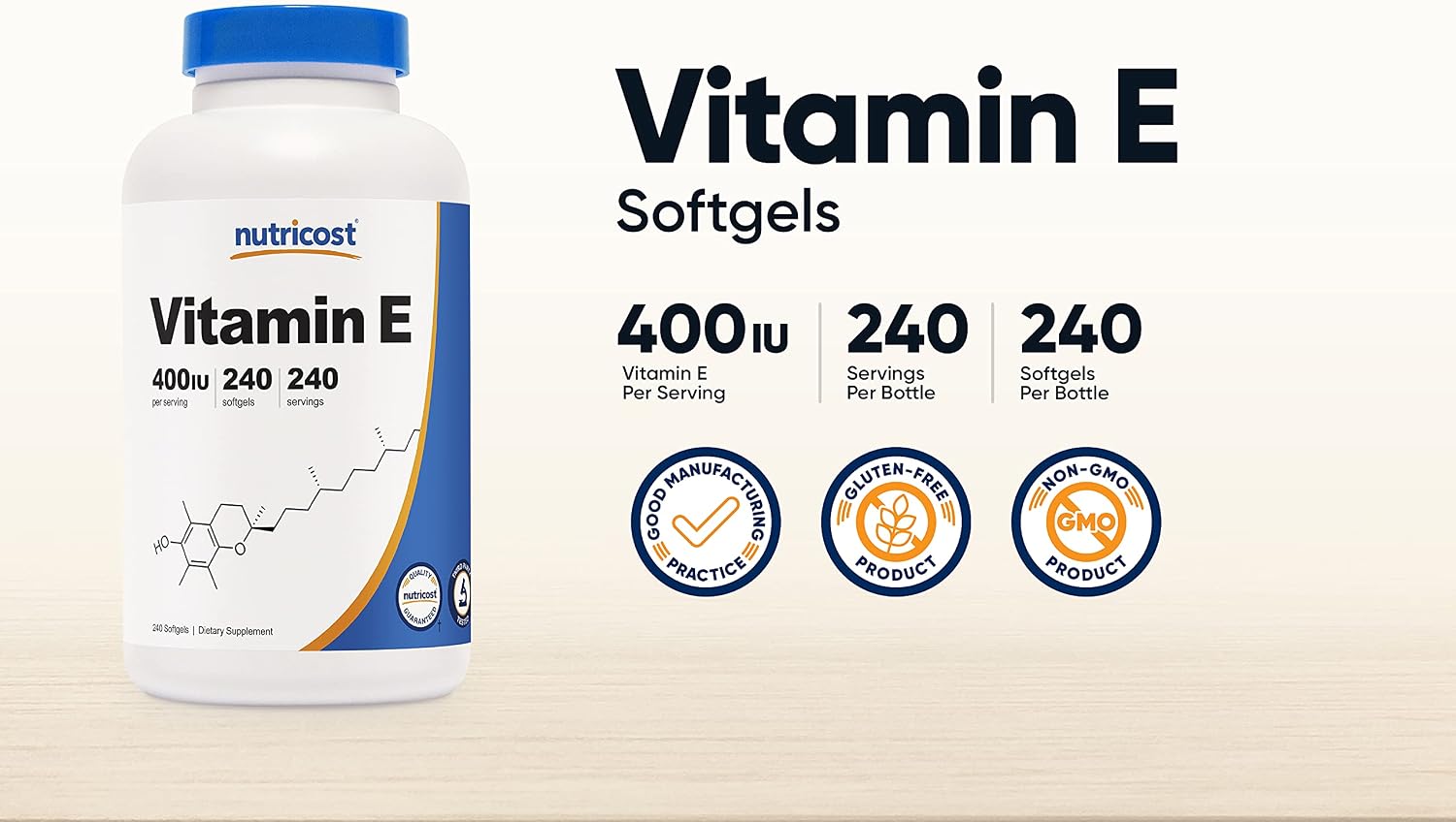 Nutricost Vitamina E 400 UI, 240 Softgels (3 Botellas)