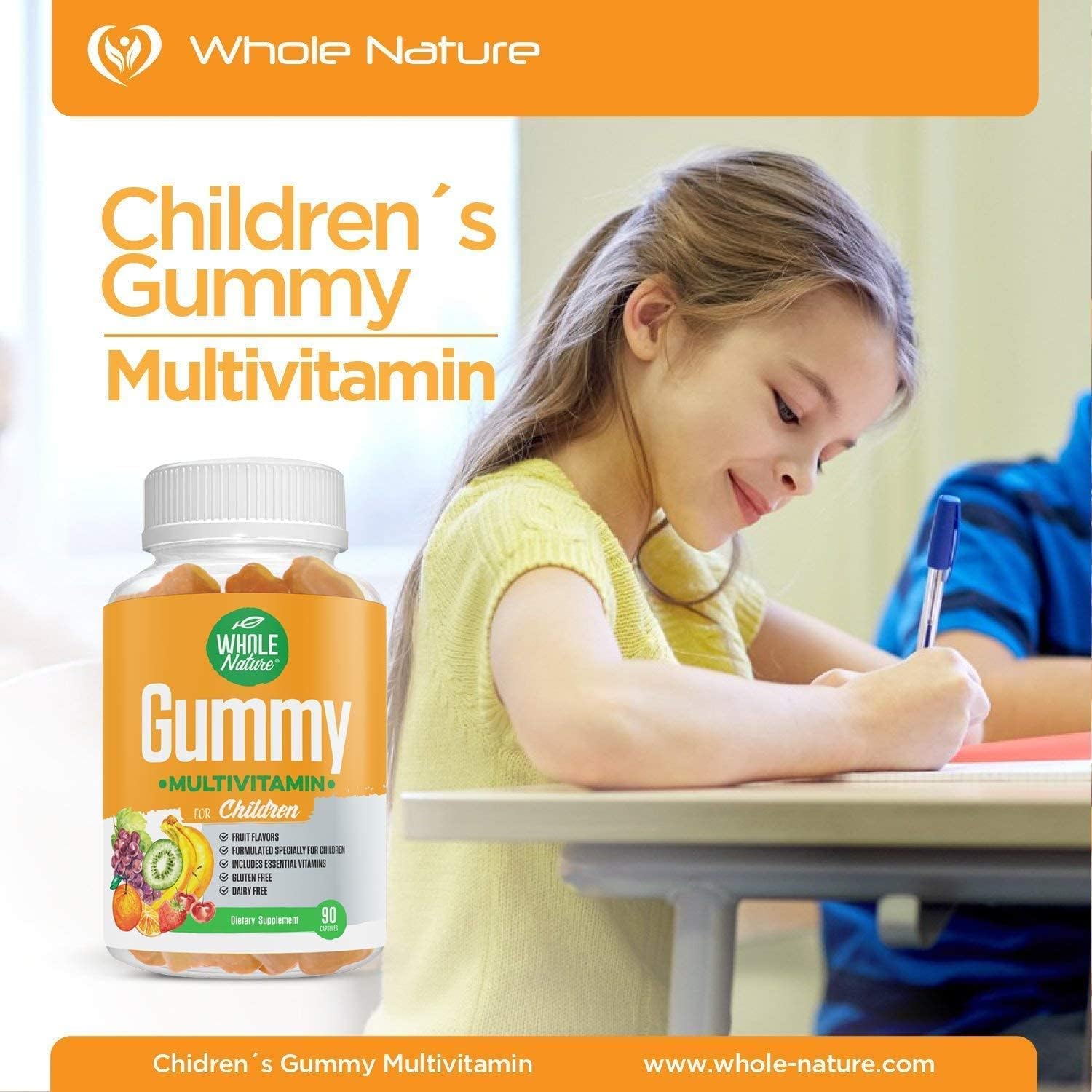 Whole Nature Multivitamínico Infantil - 90 Gomitas con Sabor a Fruta, Sin Azúcar Artificial, Sin Lácteos ni Gluten