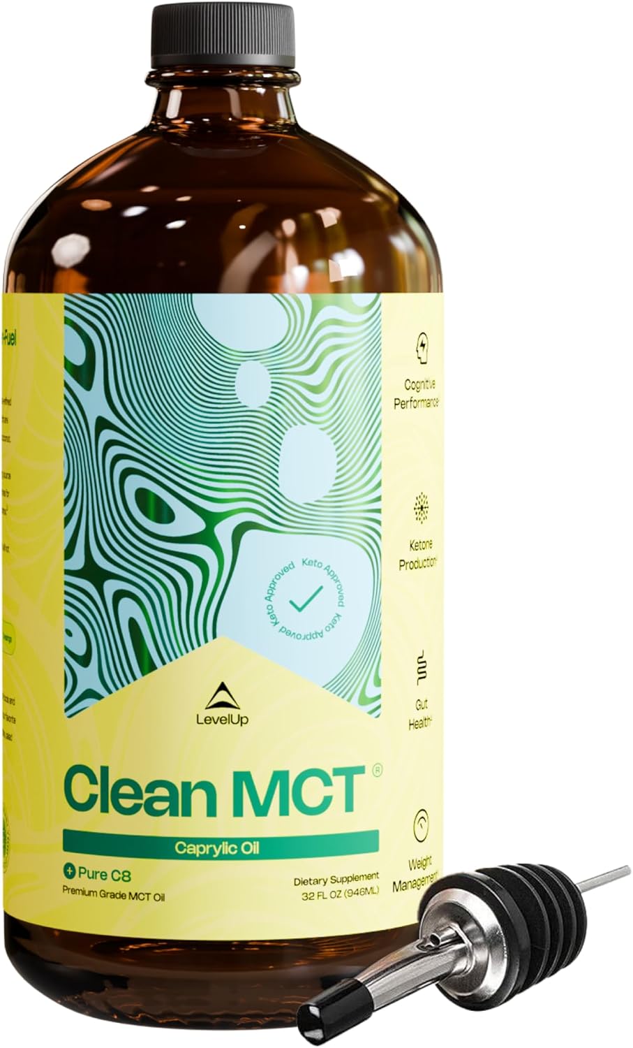 LevelUp Aceite MCT C8 Puro - 100 % Ácido Caprílico (de Coco) para Energía y Enfoque - Apto para Dieta Keto - Sin OGM (946 ml)