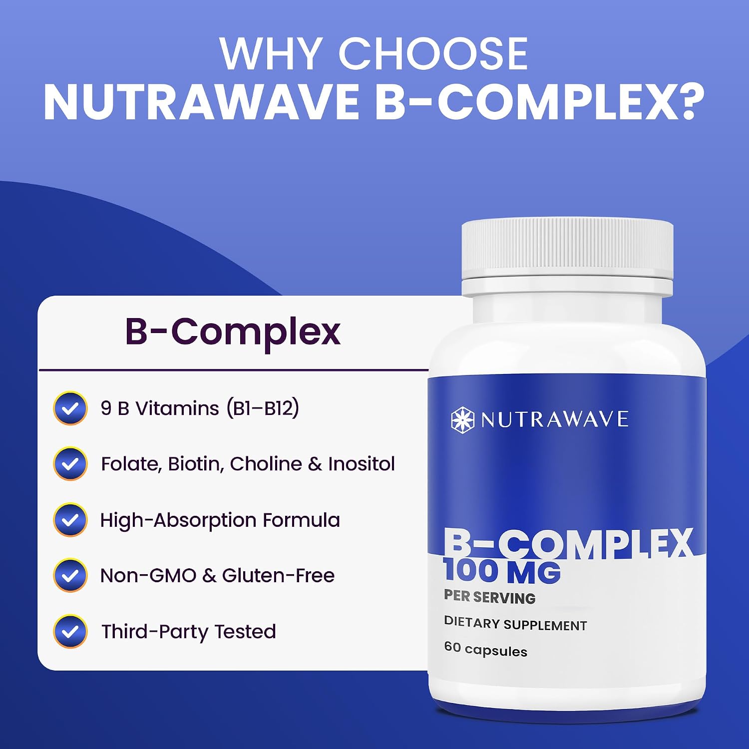 Nutra Wave Super B Complex, Complejo B de Alta Potencia con Colina y Mio-Inositol, 60 Cápsulas