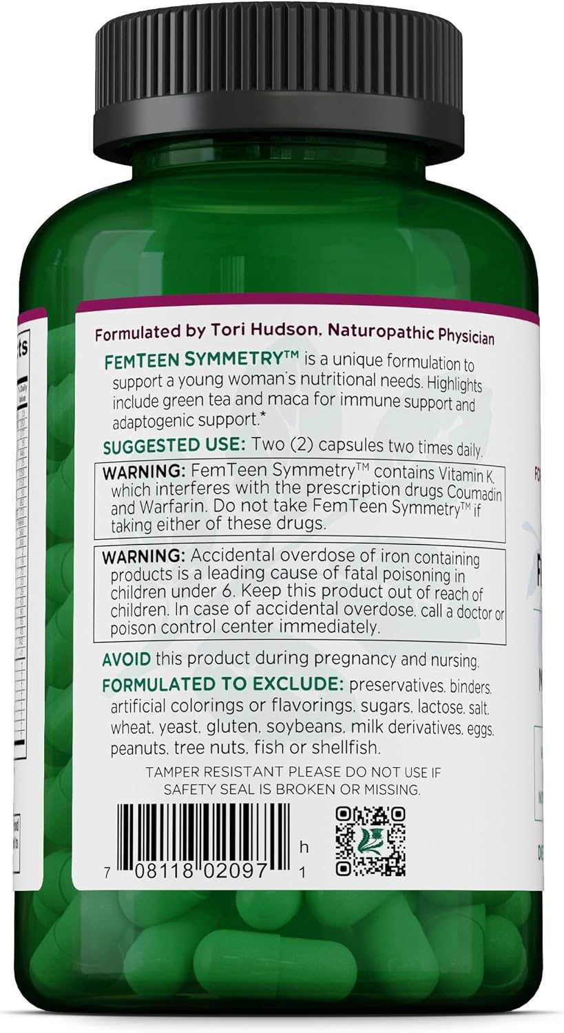 Vitanica FemTeen Symmetry - Multivitamínico Mineral con Té Verde para Adolescentes - Apoyo Antioxidante, Inmune y Reproductivo con Luteína y Licopeno - Vegano - 120 Cápsulas