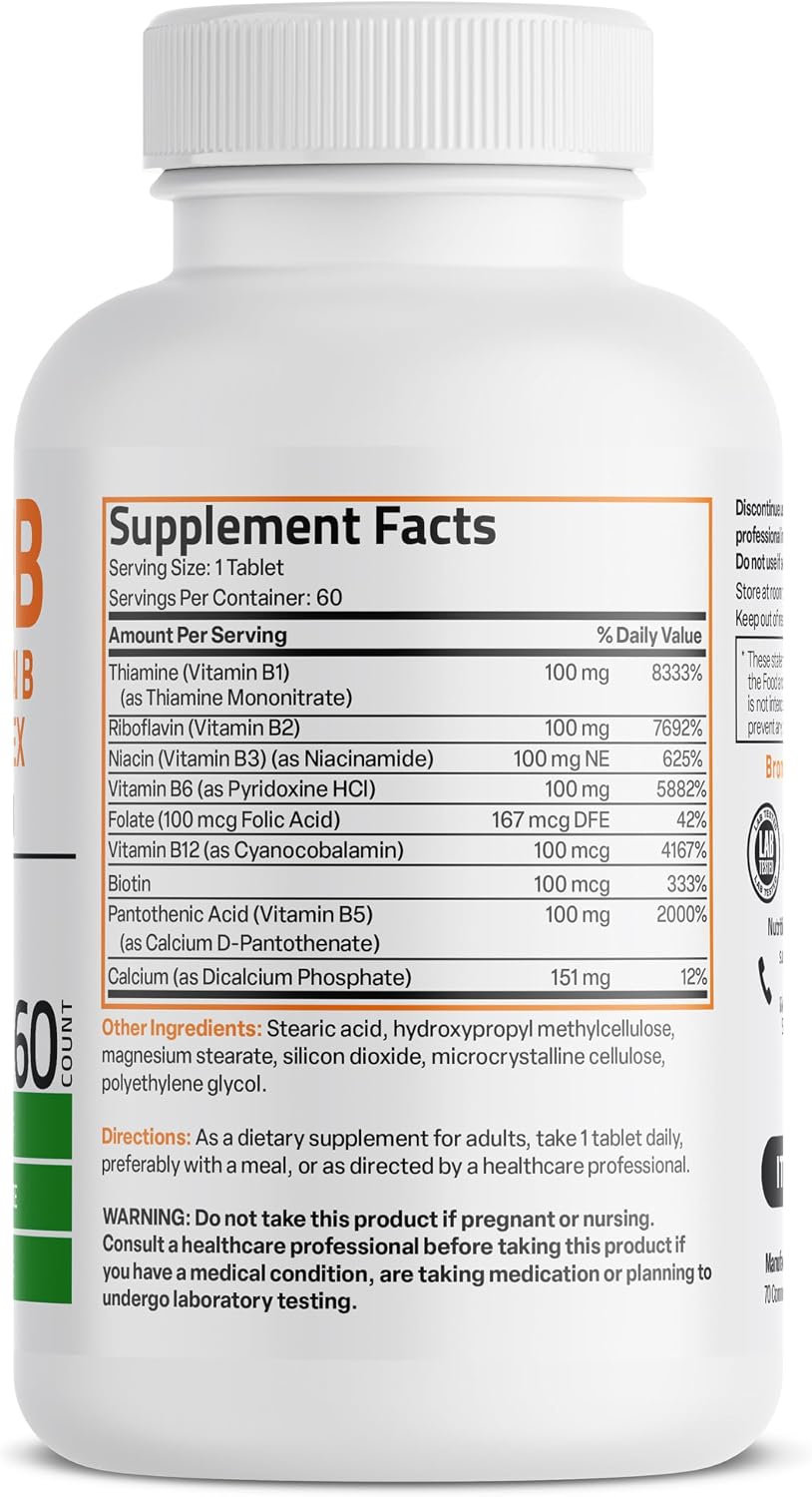 Bronson Super B100 Complejo de Vitamina B Liberación Sostenida con Todas las Vitaminas B (Vitamina B1, B2, B3, B6, B9 - Ácido Fólico, B12), 60 Comprimidos