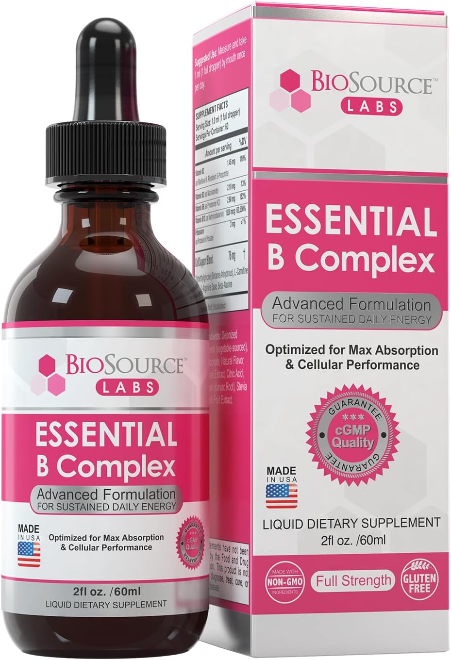 BioSource Labs Essential B Complex - Complejo B Líquido Sublingual Vegano con Metil B12 (60 ml)