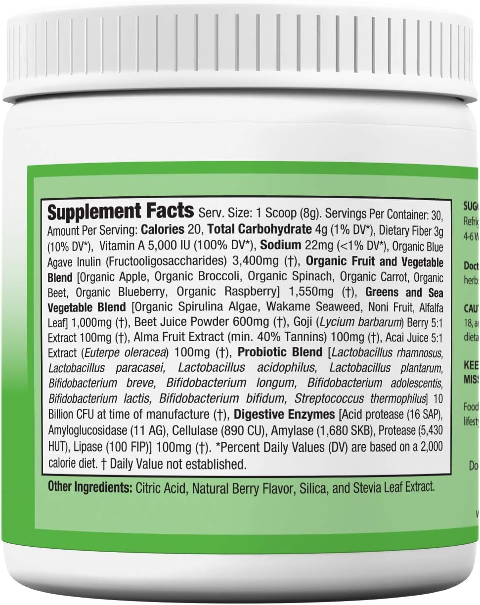 Doctor Recommended Greens Powder – Polvo de Verduras Orgánicas con Probióticos y Enzimas Digestivas, Sabor Berry