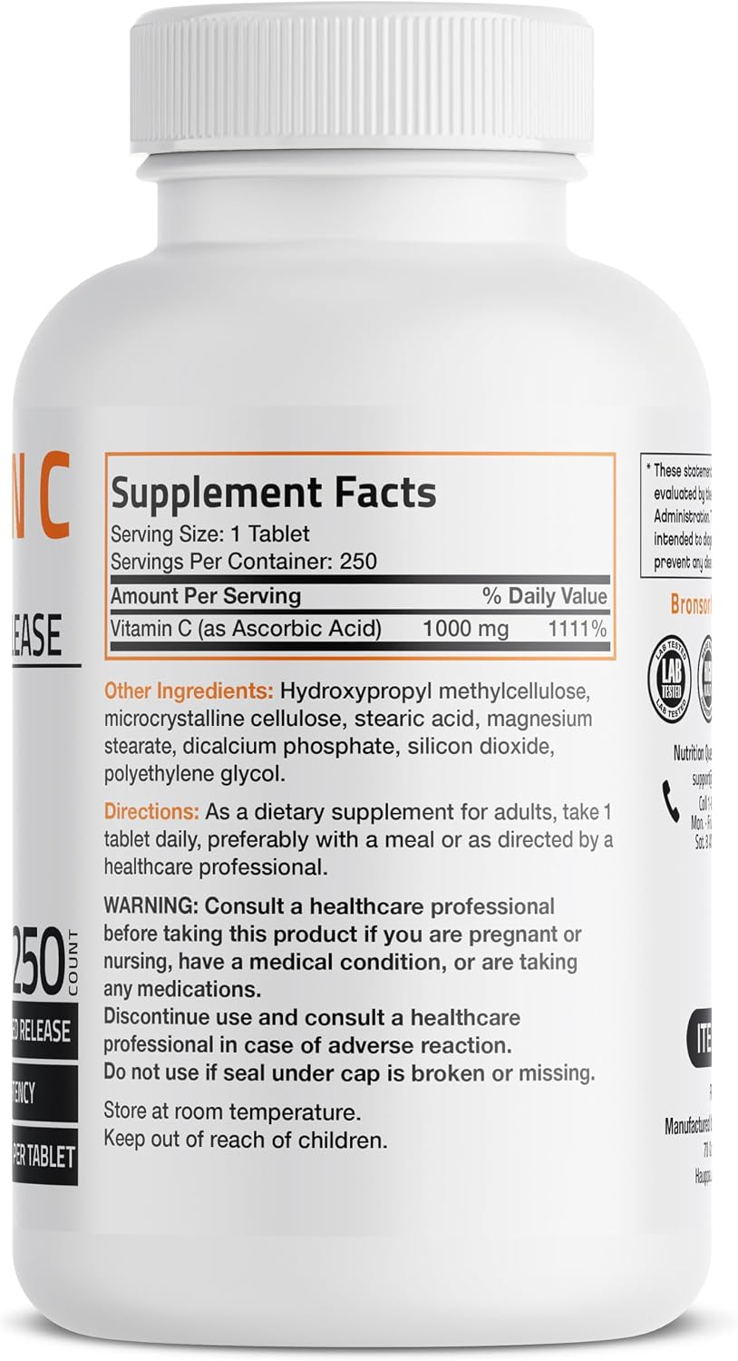 Bronson Vitamin C 1000 mg Sustained Release - Non-GMO Ascorbic Acid - 250 Tablets