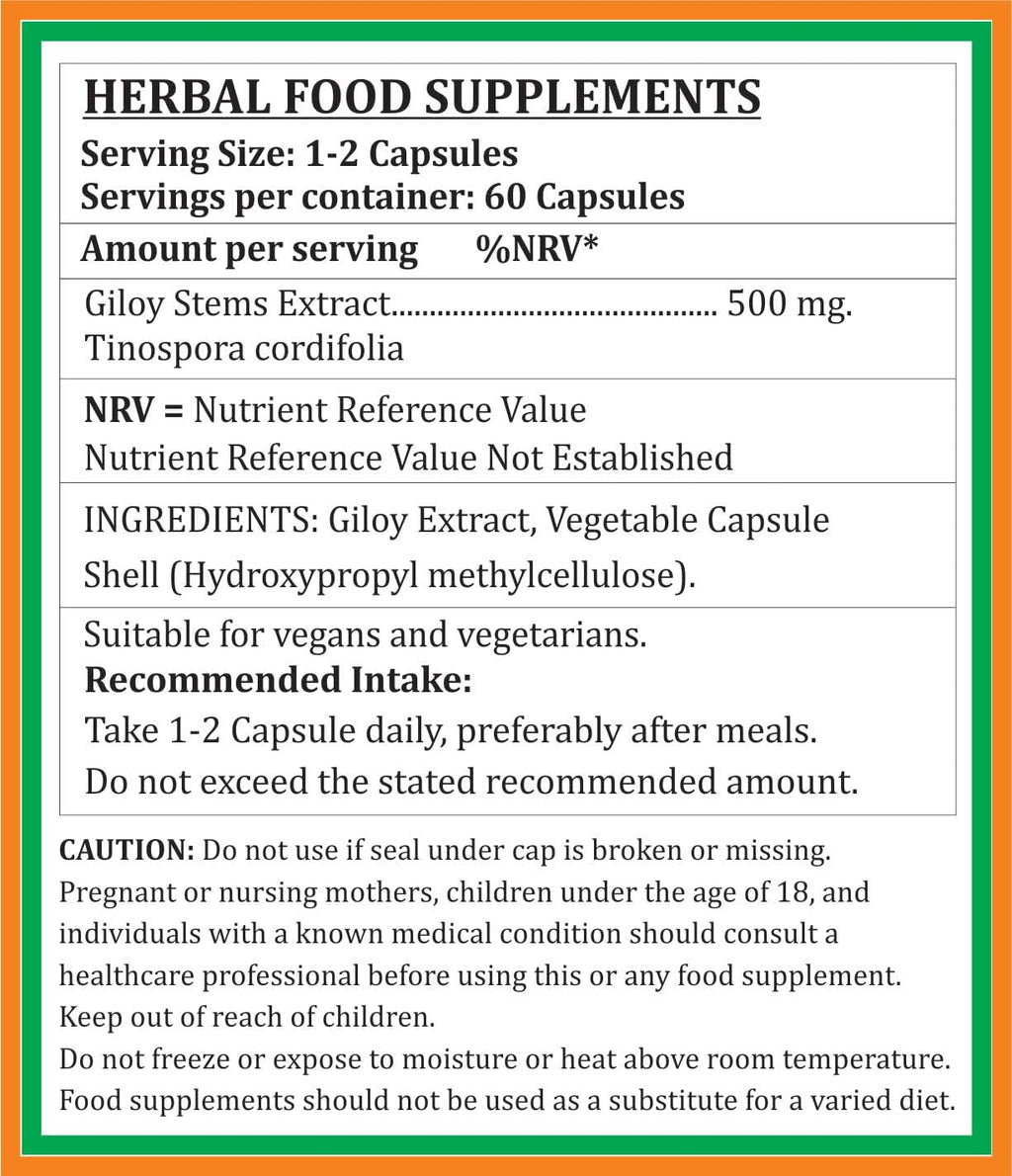 Giloy Forte 500 mg - 60 Cápsulas Veganas - Extracto de Guduchi (Tinospora Cordifolia) - Suplemento Ayurvédico