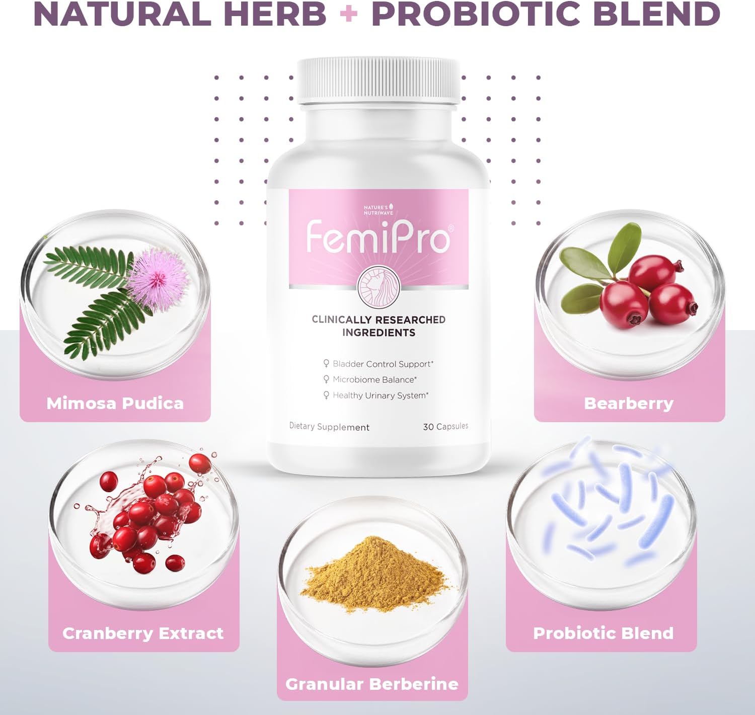 FemiPro – Mezcla de Hierbas y Probióticos, 30 Cápsulas, 1 Mes
