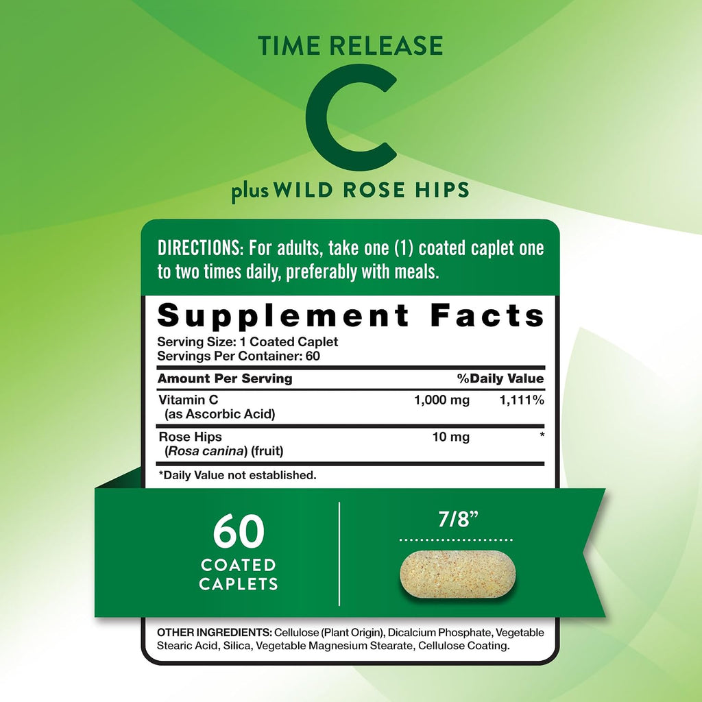 Nature's Truth Vitamin C with Rose Hips 1000 mg | 60 Coated Tablets | Vegan, Non-GMO and Gluten Free