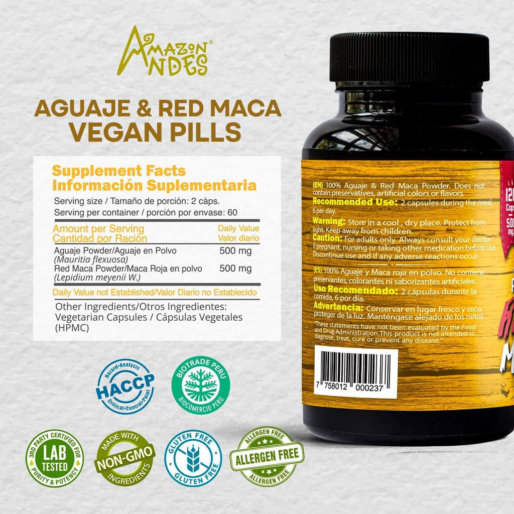 Amazon Andes Aguaje con Maca Roja 1000mg - Superalimento Peruano - 120 Cápsulas Vegetales