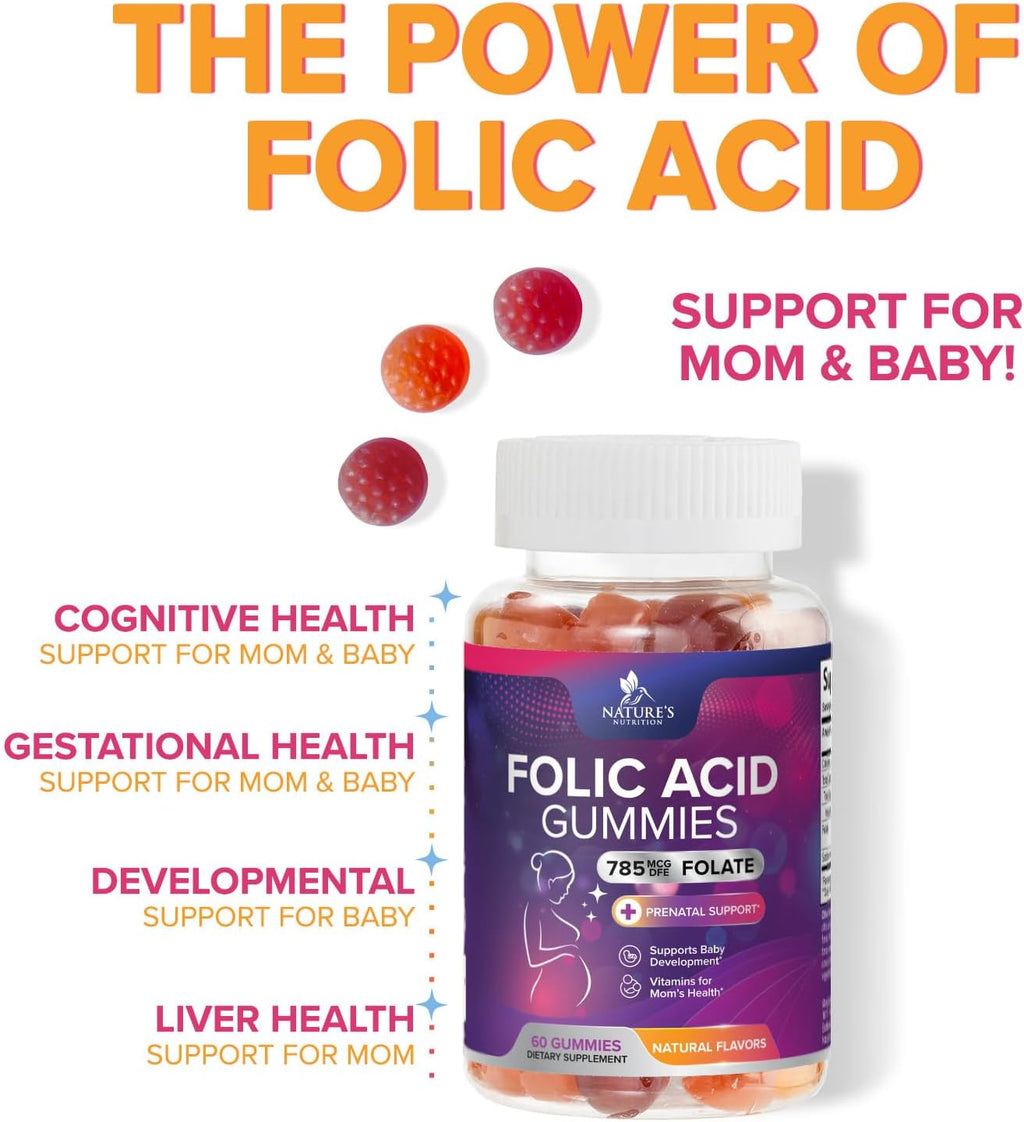 Gominolas de Ácido Fólico para Mujeres - Folato 785 mcg - Vitaminas Prenatales - 60 Gominolas
