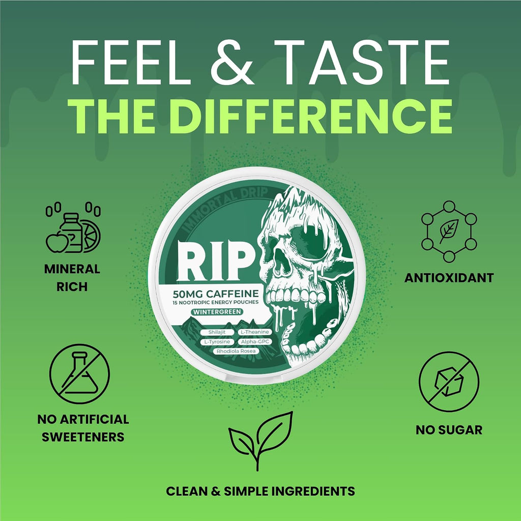 Immortal Drip RIP Bolsitas Nootrópicas de Energía (Wintergreen) – 5 Latas – 15 Bolsitas por Lata – Energía Limpia y Enfoque – 50mg Cafeína, Shilajit, Alpha-GPC, L-Tirosina, Rhodiola