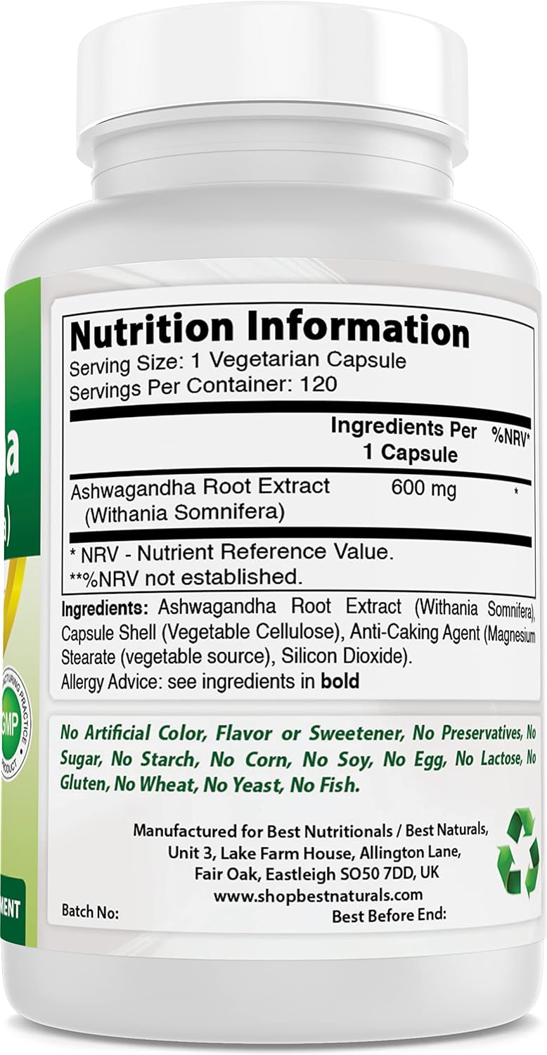 Best Naturals Ashwagandha Cápsulas 500 mg para Relajación y Estrés, 120 Unidades