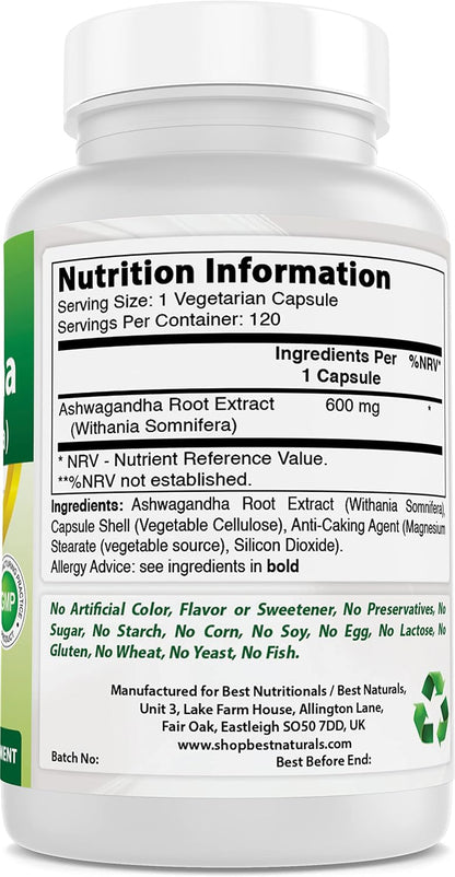 Best Naturals Ashwagandha Cápsulas 500 mg para Relajación y Estrés, 120 Unidades – Image 6