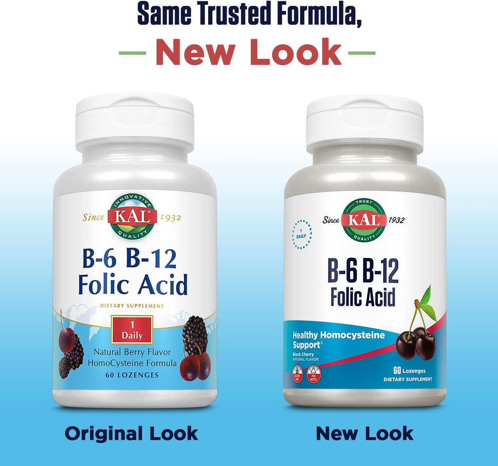 KAL Vitamina B-6 B-12 Ácido Fólico, 60 Pastillas - Metilcobalamina, Folato, Sin Gluten, Sabor Cereza Natural