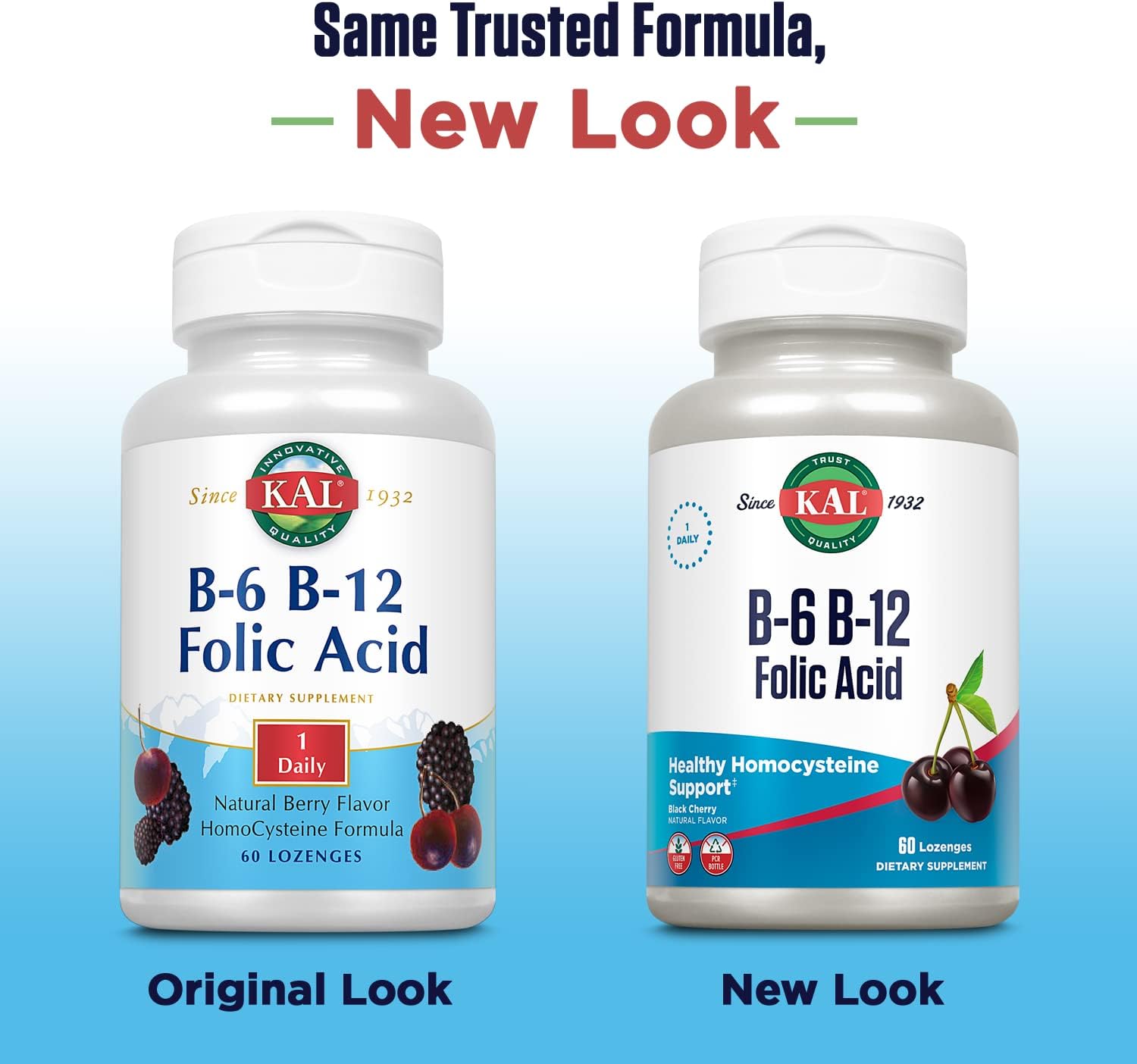 KAL Vitamina B-6 B-12 Ácido Fólico, 60 Pastillas - Metilcobalamina, Folato, Sin Gluten, Sabor Cereza Natural