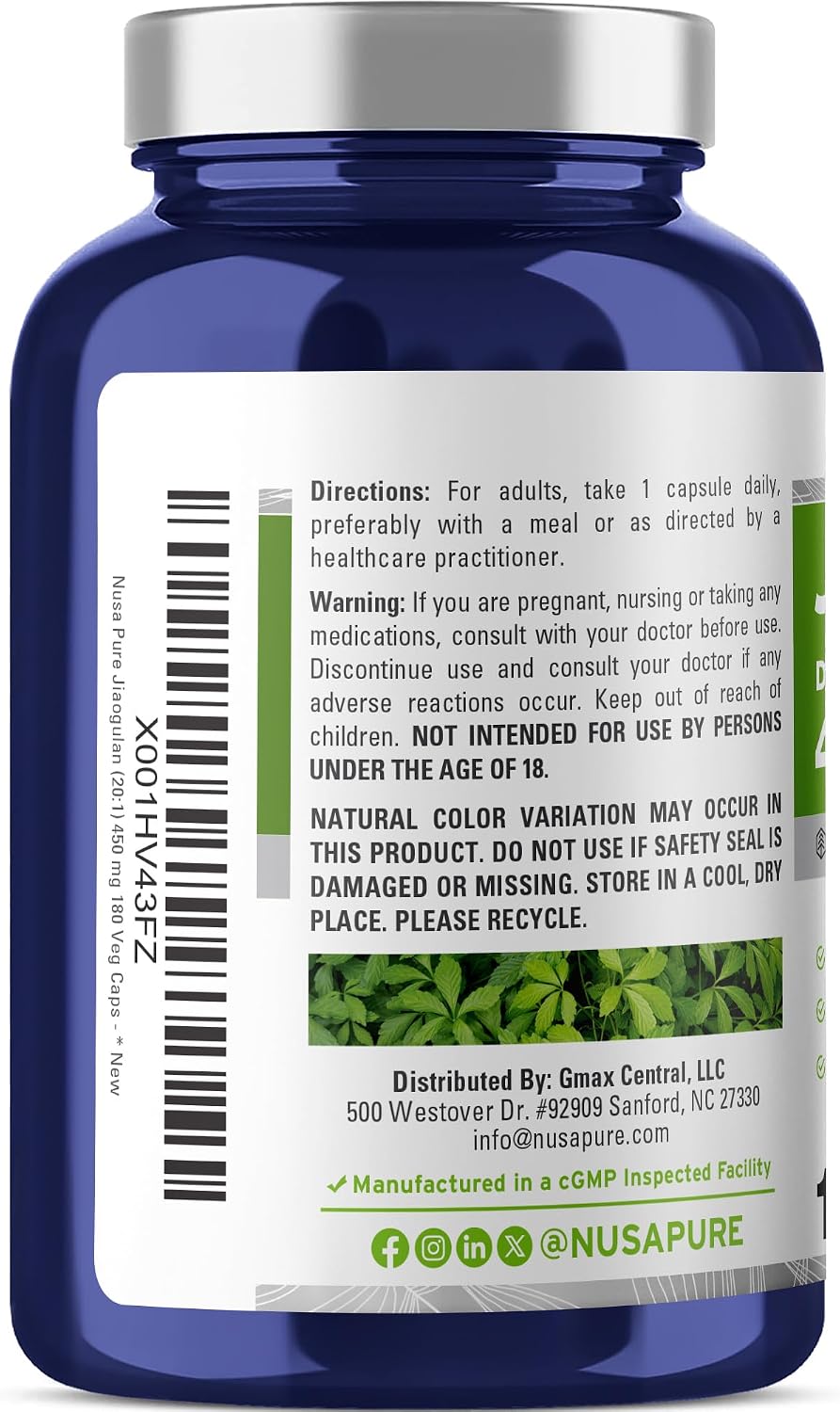 NusaPure Jiaogulan Cápsulas, 450 mg, 180 Cápsulas Veganas (No OGM, Vegano)