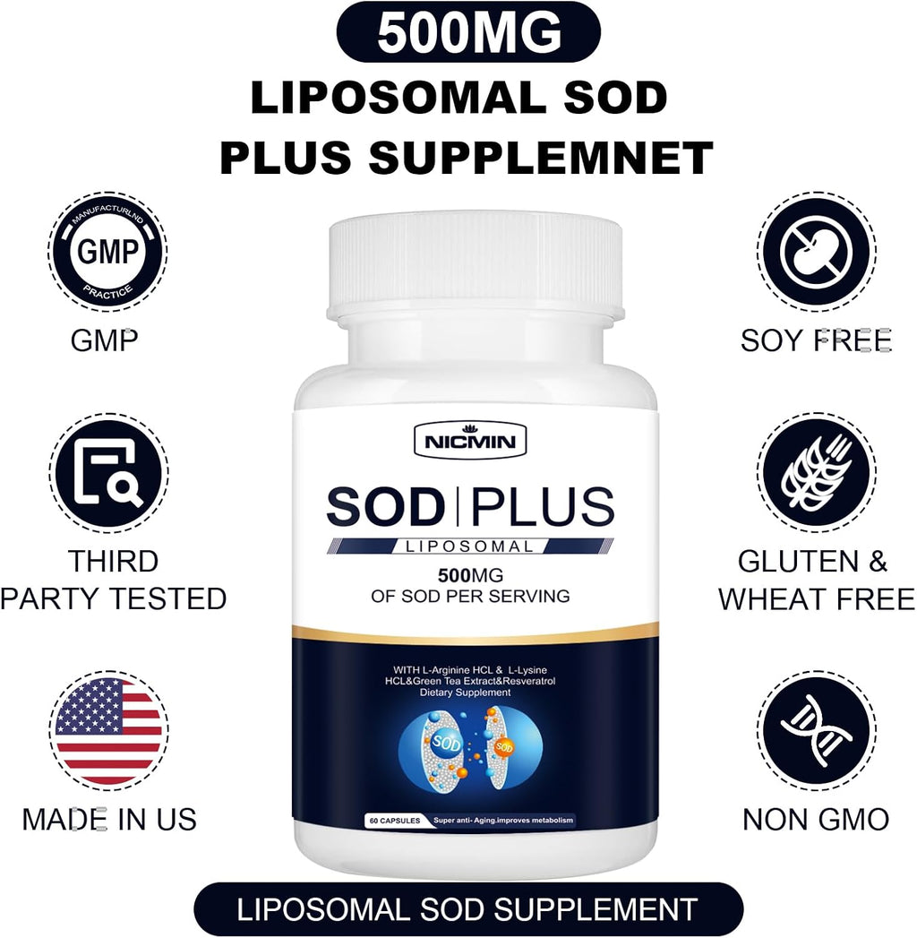 NICMIN 500MG Superóxido Dismutasa con Glutatión Liposomal, AKG, Extracto de Té Verde, L-Arginina, Lisina, Resveratrol y Vitamina E - 120 Cápsulas