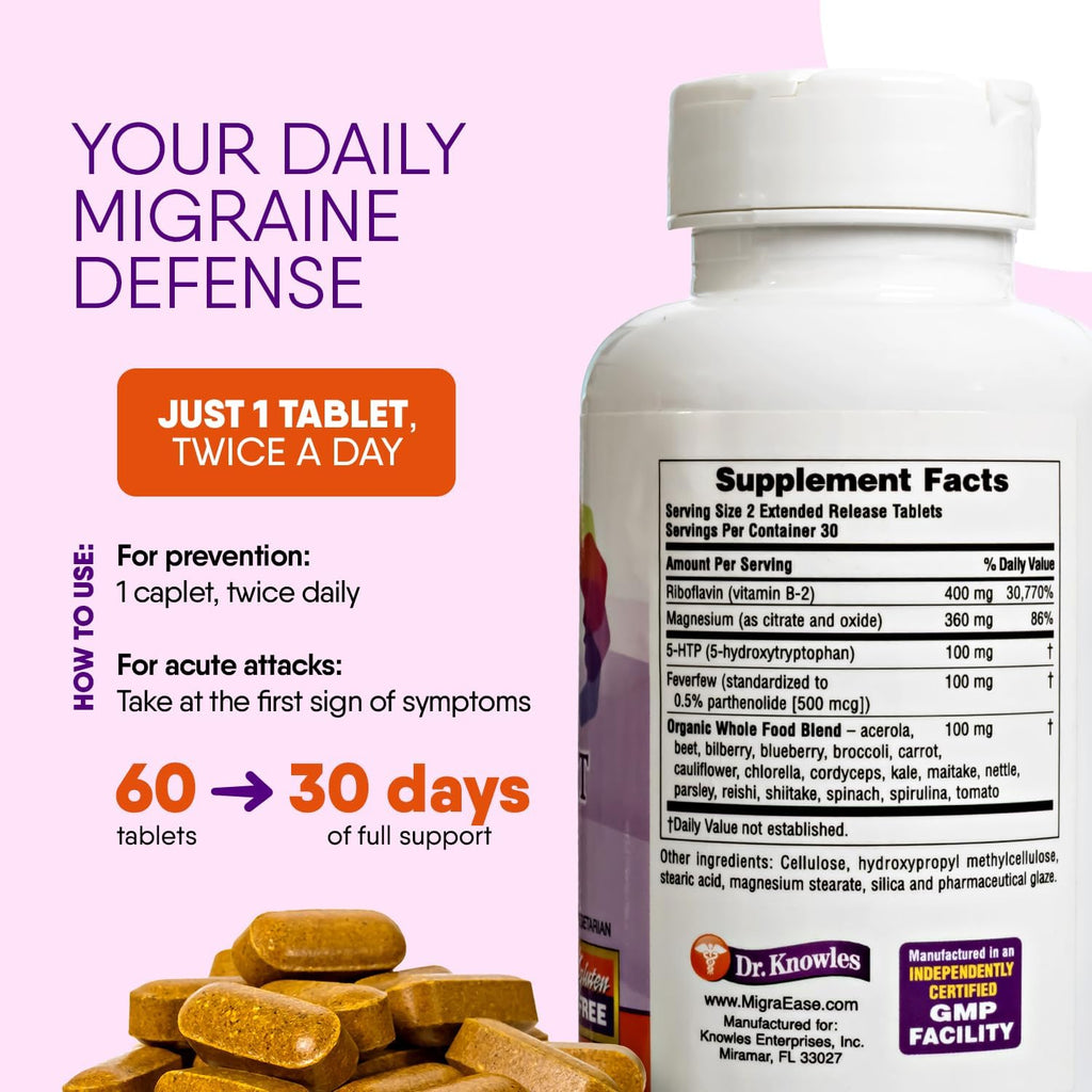 Doctor Knowles Suplemento para Ayuda en Caso de Migrañas | Fórmula Natural con Magnesio, 5-HTP, Feverfew y Riboflavina | Sin Cafeína, Liberación Prolongada (60 Comprimidos)