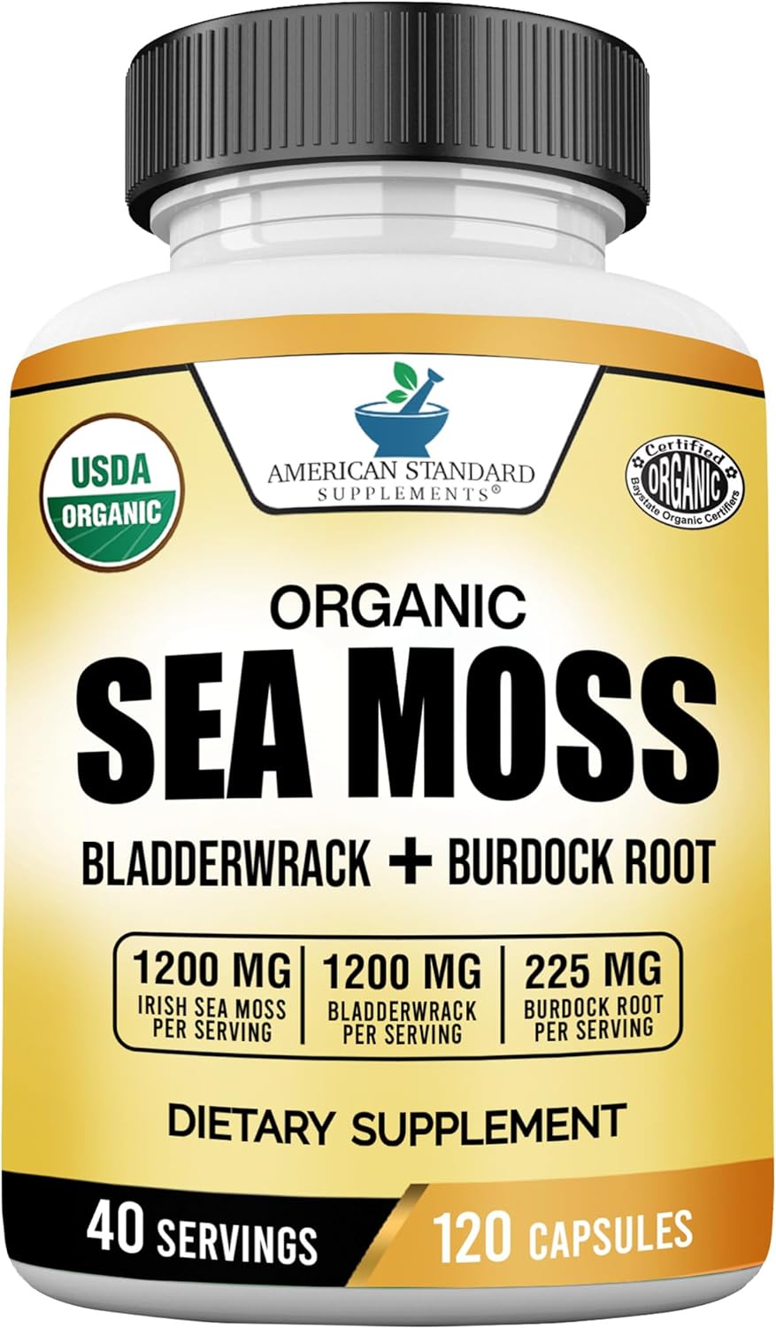 American Standard Supplements Cápsulas Orgánicas de Sea Moss, Bladderwrack y Burdock Root - 1200mg Sea Moss, 1200mg Bladderwrack, 225mg Burdock Root por Dosis - 120 Cápsulas, 40 Dosis