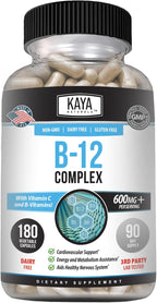Kaya Naturals B-12 Complex | Multivitamínico para Mujeres y Hombres con Biotina, Colina, Inositol, Folato y Vitamina C - 180 Comprimidos
