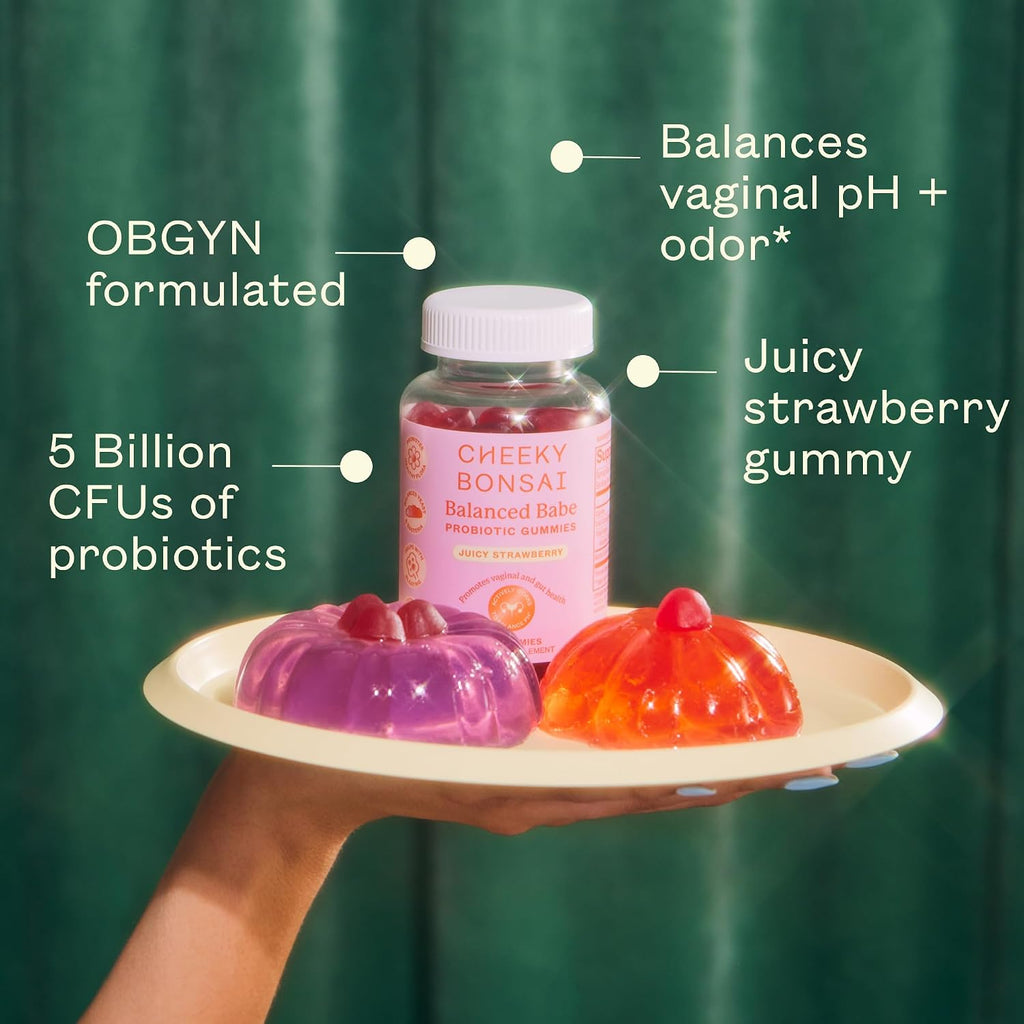Cheeky Bonsai Balanced Babe - Gominolas probióticas vaginales, 5B UFC, Sabor fresa, 60 uds.