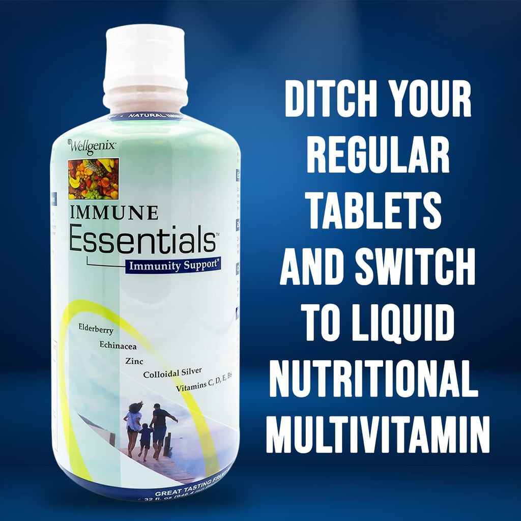 Wellgenix Immune Essentials – Complejo Multivitamínico Líquido con 12 Nutrientes para el Sistema Inmunológico, Sabor Fruit Punch, 946 ml