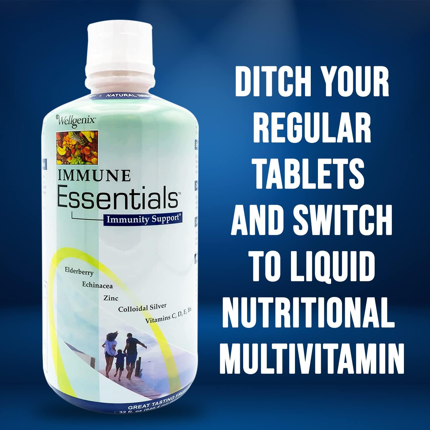 Wellgenix Immune Essentials – Complejo Multivitamínico Líquido con 12 Nutrientes para el Sistema Inmunológico, Sabor Fruit Punch, 946 ml