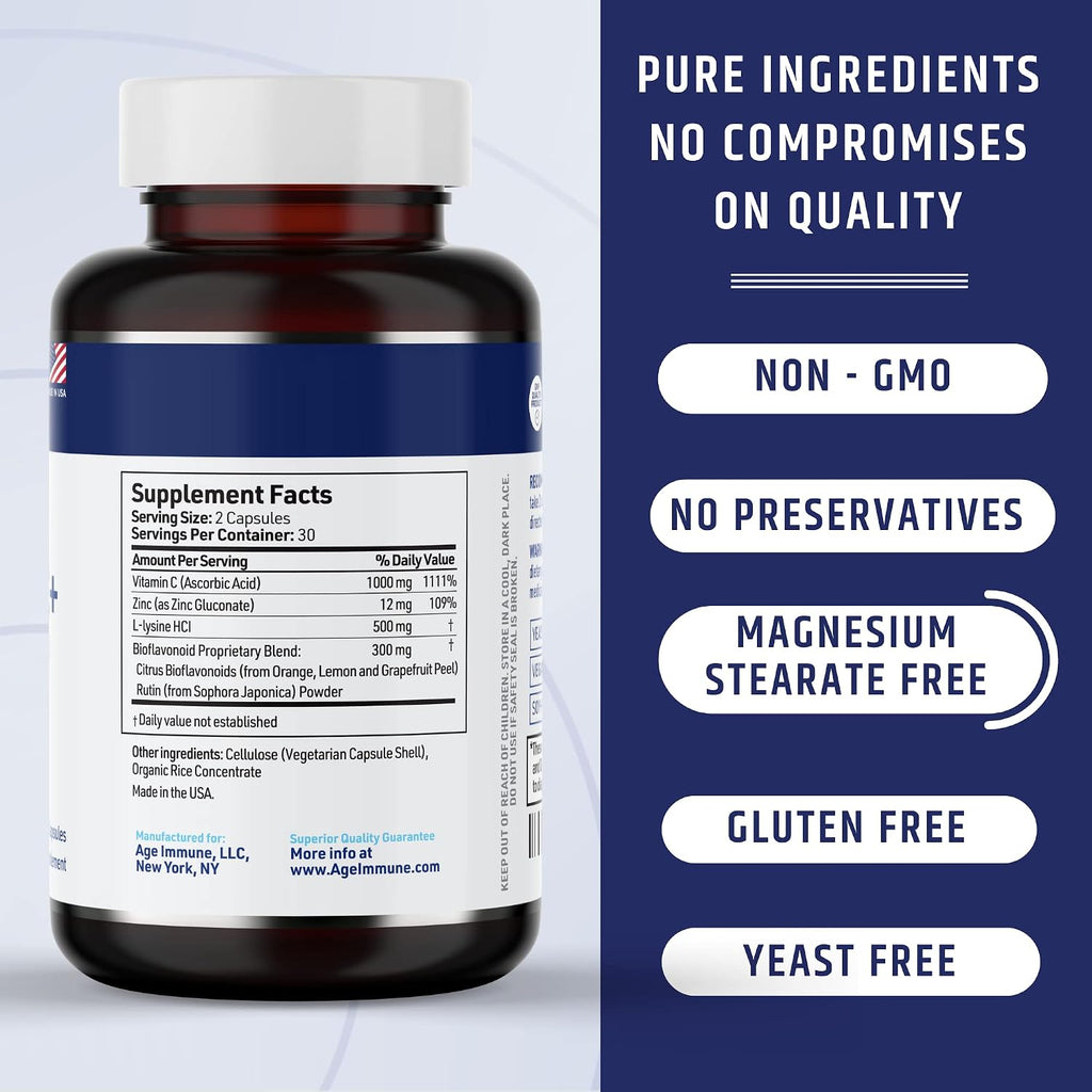 AgeImmune Vitamina C 1000mg + L-Lisina, Zinc y Bioflavonoides