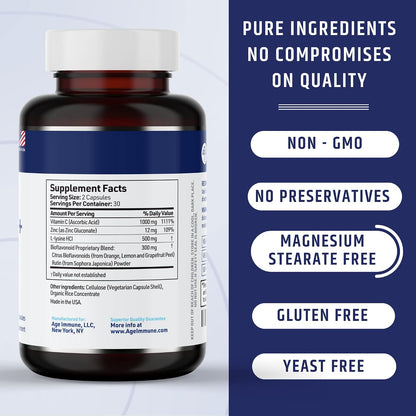 AgeImmune Vitamina C 1000mg + L-Lisina, Zinc y Bioflavonoides – Image 3