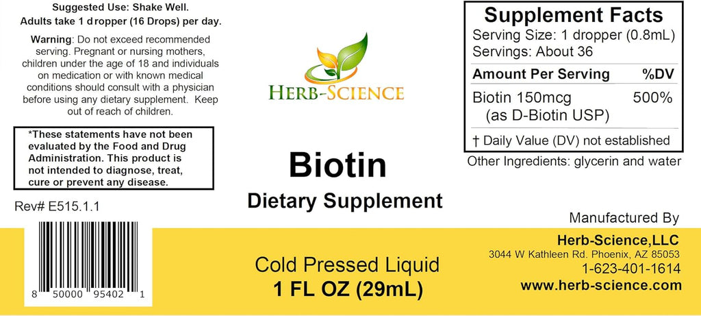 Herb-Science Biotina Líquida B7 – D-Biotina USP de Alta Absorción, Vegano, Sin Alcohol, Gotas Sublinguales, Sin Sabores Artificiales, Frasco de Vidrio Azul Cobalto - 30 ml