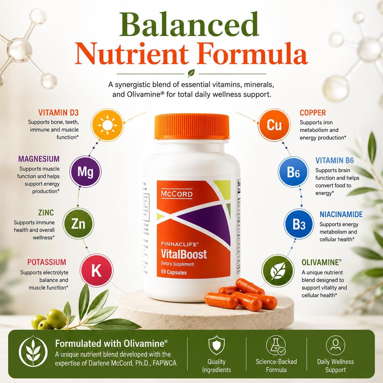 McCord VitalBoost: Complemento de Energía, Memoria e Inmunidad con Vitamina D3, Magnesio, Zinc y Olivamina - 60 Cápsulas