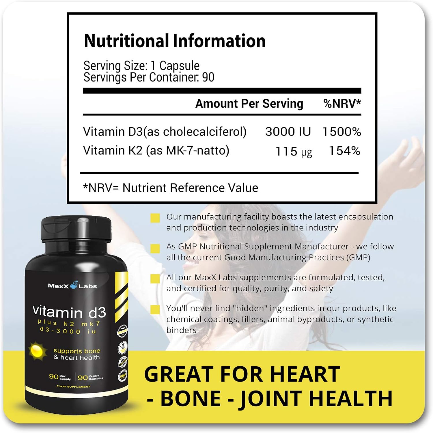 MaxX Labs Vitamina D3 3000 UI + K2 MK-7 | 90 Cápsulas | Suplemento Alimenticio