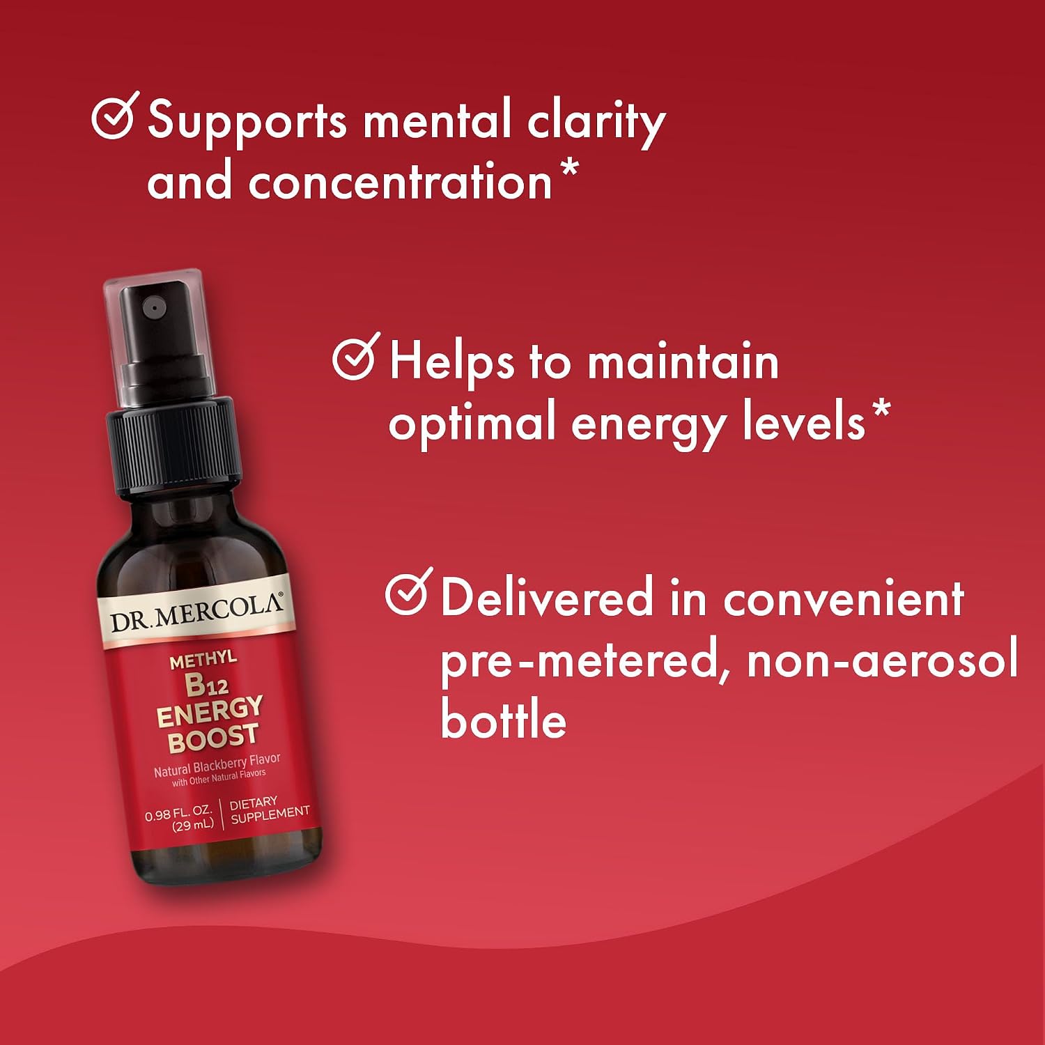 Dr. Mercola Methyl B12 Energy Boost – Spray de Vitamina B12 Metilcobalamina 1000 mcg – Sabor Mora Natural – 39 Dosis