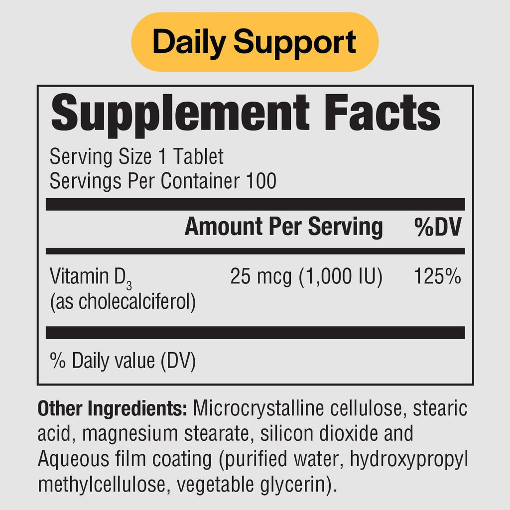 PureFormulas Vitamina D3 1.000 UI 25 mcg - Suplemento Premium para Huesos, Dientes y Sistema Inmunitario - No-GMO - 100 Comprimidos