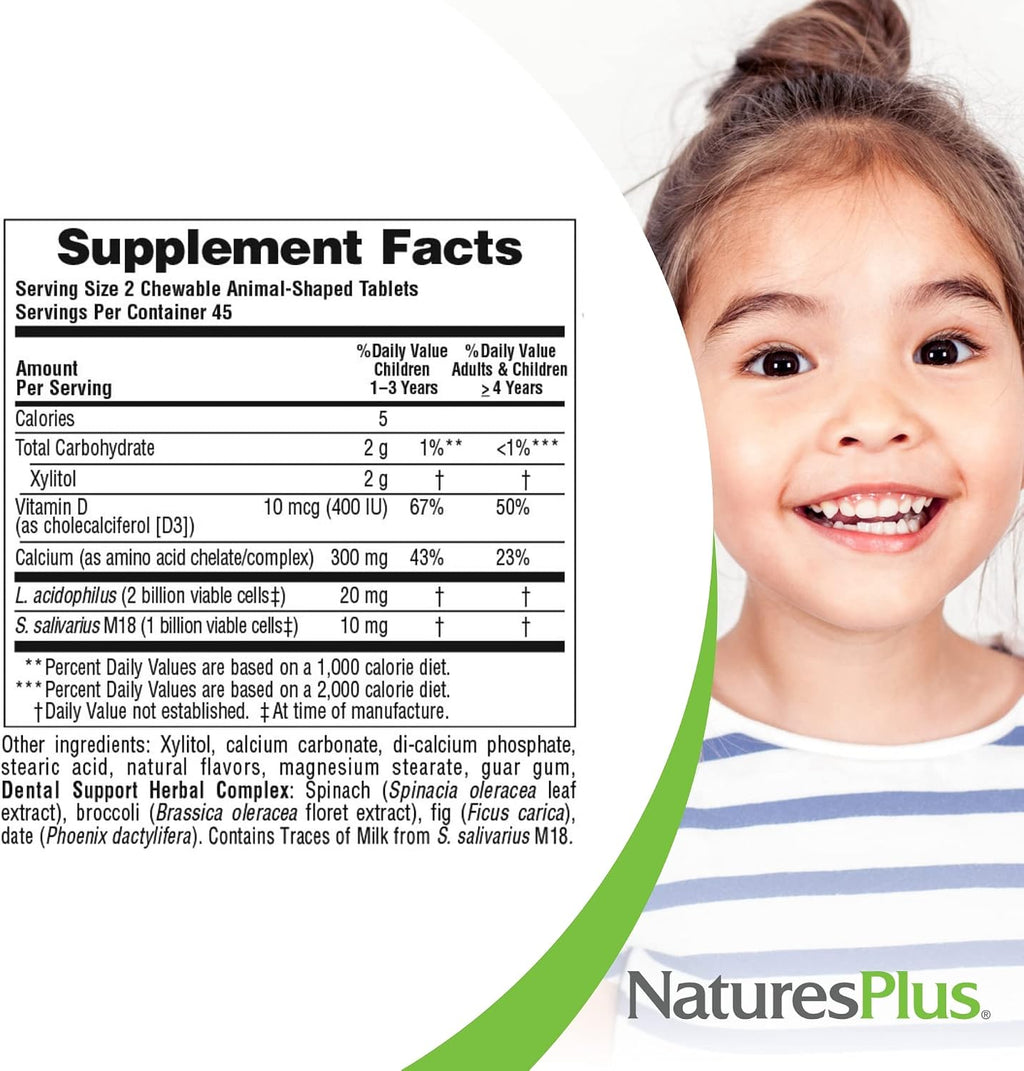 NaturesPlus Animal Parade Tooth Fairy - Children's Chewable Dental Supplement - 90 Animal-shaped Tablets - Natural Vanilla Flavor