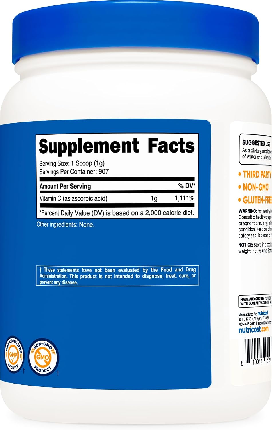 Nutricost Ácido Ascórbico en Polvo (Vitamina C) 2 LBS - Sin Gluten, No Transgénico