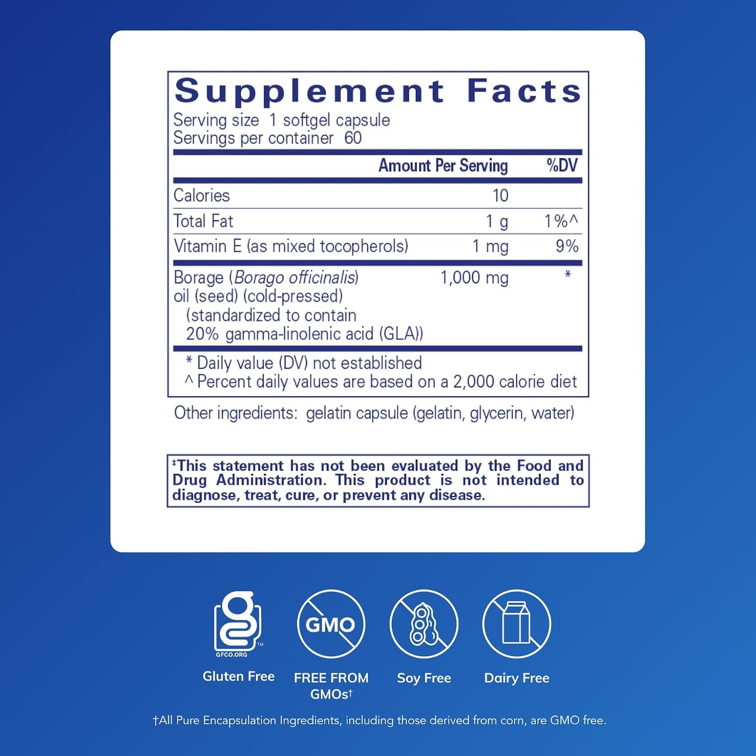 Pure Encapsulations Aceite de Borraja | Complemento Alimenticio Hipoalergénico | 60 Cápsulas Blandas