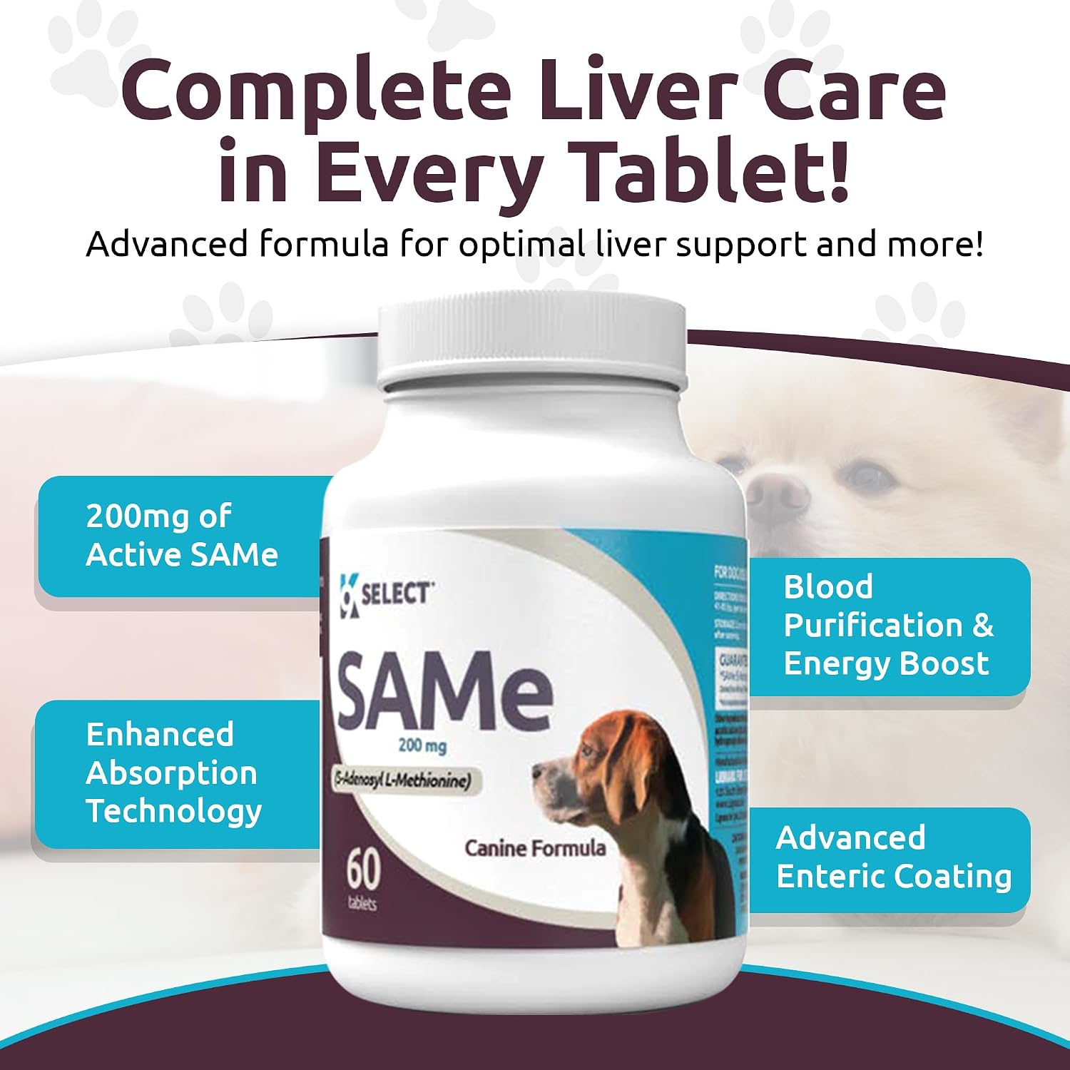 SAM-e para perros adultos medianos y grandes, 60 comprimidos, 200 mg de S-Adenosil-L-Metionina Activa