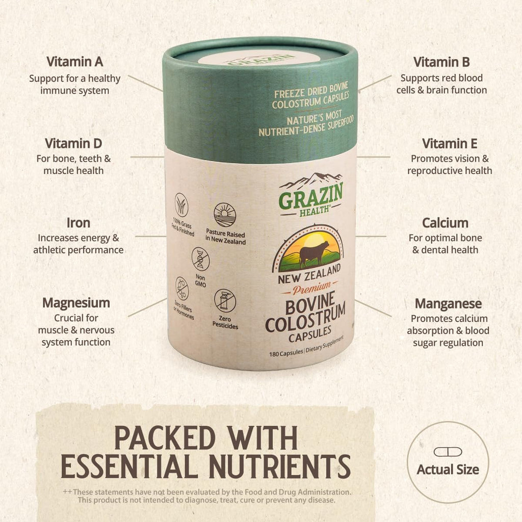 GRAZIN HEALTH Colostrum Bovino Grass Fed 3000mg - 180 Cápsulas - Nueva Zelanda