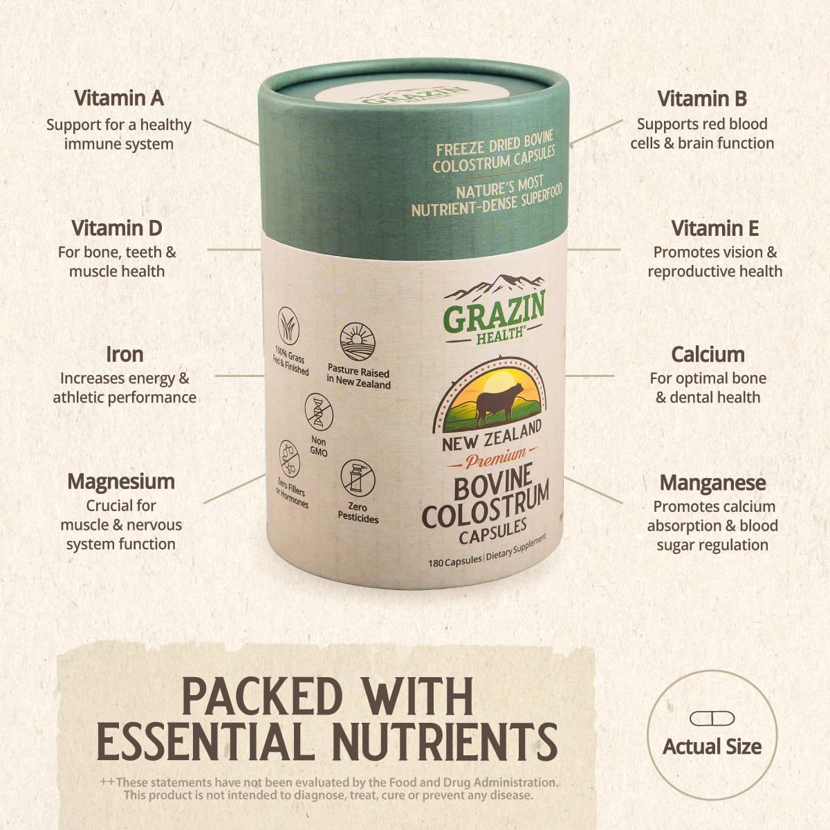 GRAZIN HEALTH Colostrum Bovino Grass Fed 3000mg - 180 Cápsulas - Nueva Zelanda