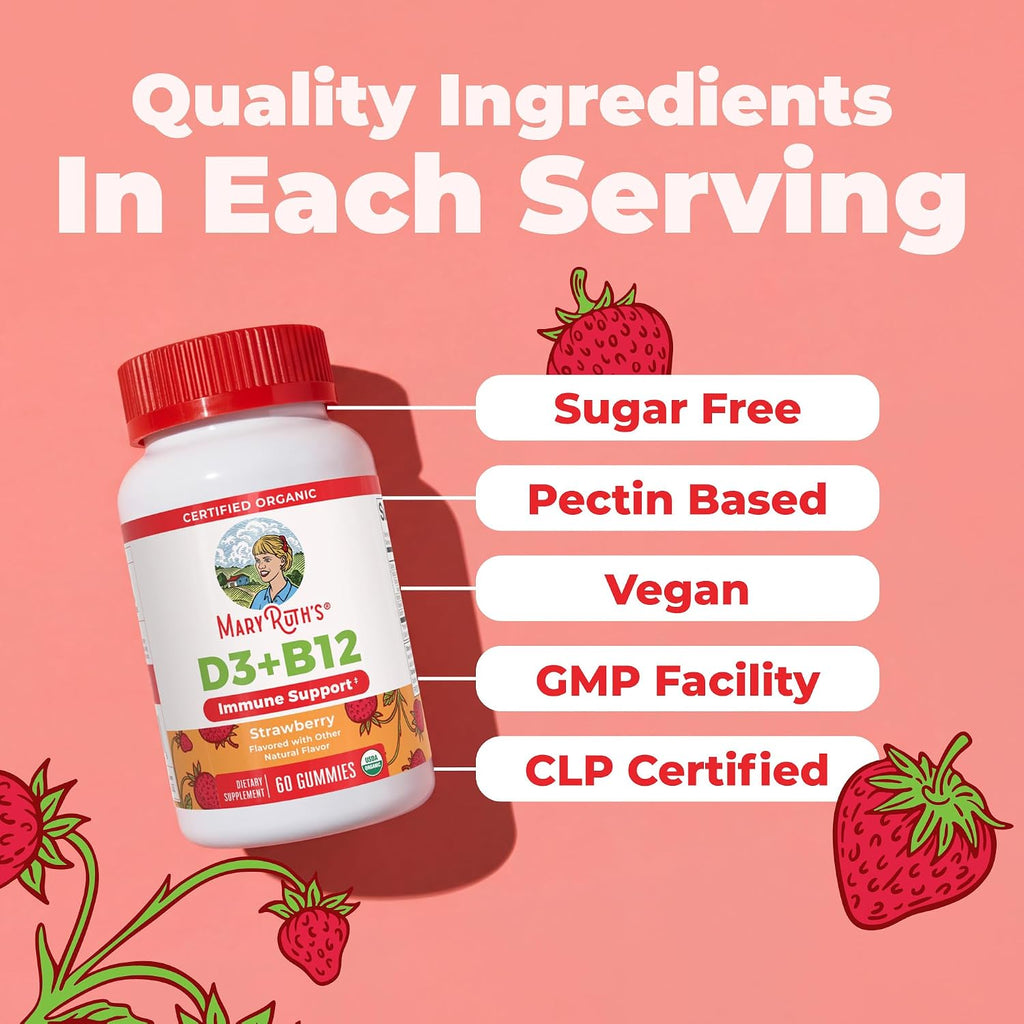 MARYRUTH'S Organic Vitamin D3 + B12 Gummies for Ages 4+ | Bone Health | Immune Support | Energy Metabolism | Cognitive Function | Vegan | Non-GMO | Gluten Free | 60 Servings | 2 Month Supply