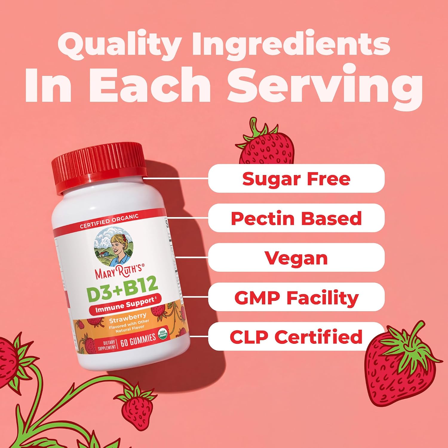 MARYRUTH'S Organic Vitamin D3 + B12 Gummies for Ages 4+ | Bone Health | Immune Support | Energy Metabolism | Cognitive Function | Vegan | Non-GMO | Gluten Free | 60 Servings | 2 Month Supply