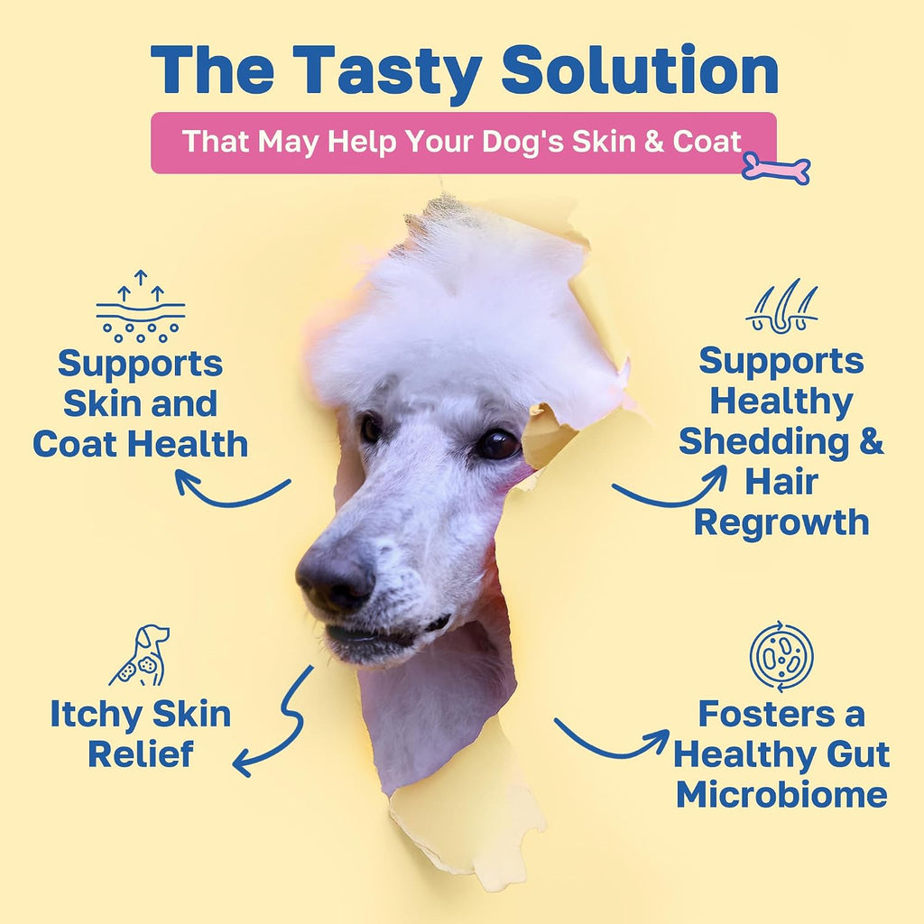 Happy Paws Suplemento para la Piel y el Pelaje de Perros, Apoyo contra Picores y Alergias, Cuidado Diario de Piel Seca y Control de Muda con Aceite de Coco y Vitamina B12, Sabor a Pollo Vegano, 200 Chews