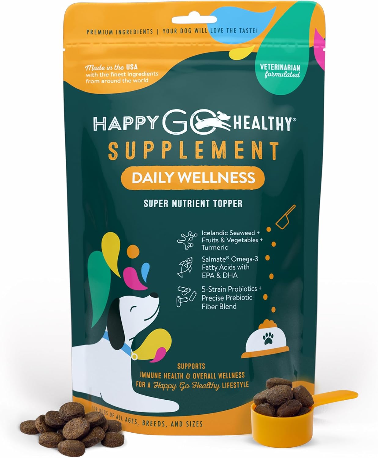 Suplemento para Articulaciones y Cadera para Perros | Happy Go Healthy | Apoya la Salud Articular y Movilidad | Ingredientes Naturales, Cobertura de Comida | 60 unidades