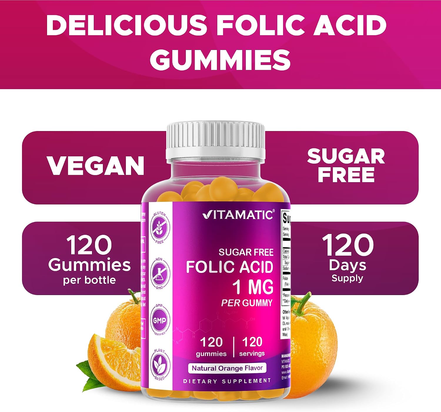 Vitamatic Ácido Fólico Gominolas 1000 mcg (1 mg) – Vitamina B9 (1667 mcg DFE) – Sin Azúcar – Sabor Naranja Natural – Vegano – 120 Gominolas