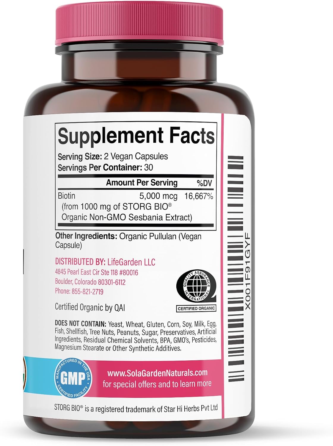 Biotina Orgánica Vegetal 5000 mcg - 60 Cápsulas - SolaGarden Naturals